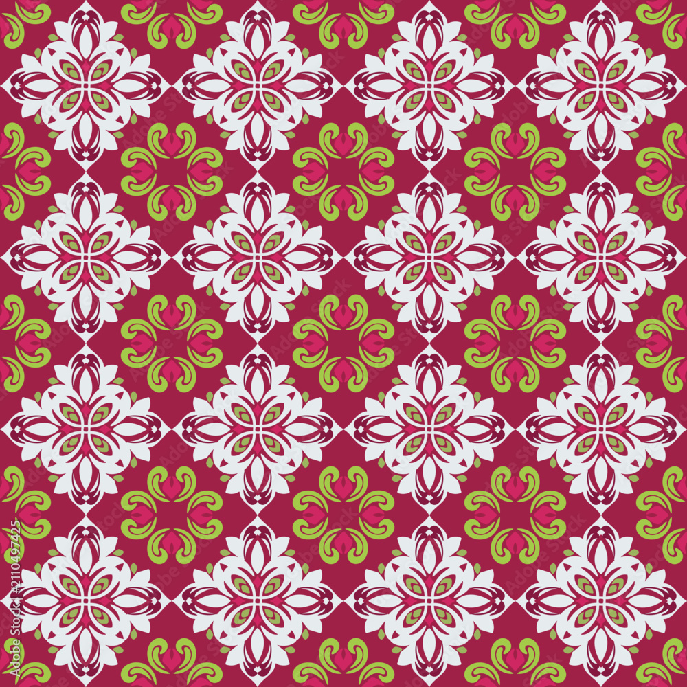 Fototapeta premium Red and white damask seamless floral pattern. Vector illustration. Ideal for printing onto fabric, wallpapers, rugs, tiles, and paper decorations. Damask velvet pattern for dresses. 