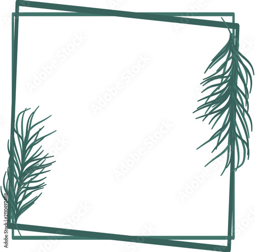 Minimalist green square frame with botanical sprigs on white background. Elegant nature-inspired design element.