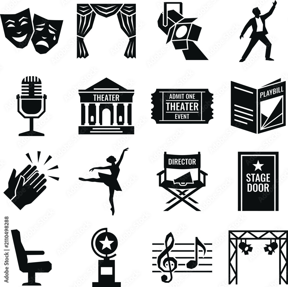 Fototapeta premium Theater icons with spotlight masks ticket and stage elements on white background