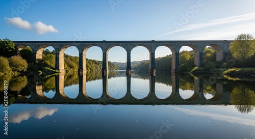 A majestic stone viaduct spans a tranquil river, its arches perfectly mirrored in the water below.