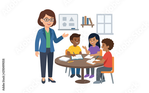 Teacher and Students Studying in Classroom Vector Illustration