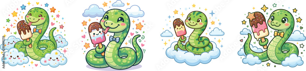 Obraz premium Adorable Cute Cartoon Snake with an Ice cream Bar. Vector illustration of the animal with stars and clouds, vector set isolated on white