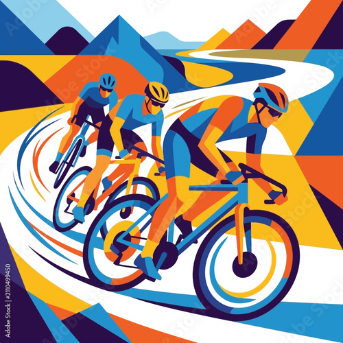 A vibrant cubist-inspired illustration depicting three competitive cyclists speeding along a winding mountain road landscape.