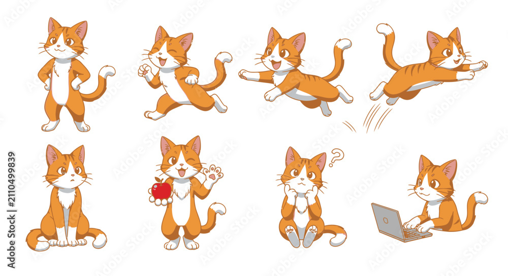 Fototapeta premium Cartoon ginger cat character set in various poses and actions.
