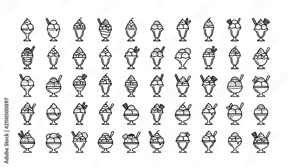 Obraz premium Premium Ice Cream Sundae Icon Collection with Gourmet Dessert Cups and Outline Vector Illustrations