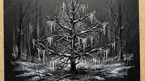 Gnarled tree with icicles and spiderwebs in snowy forest