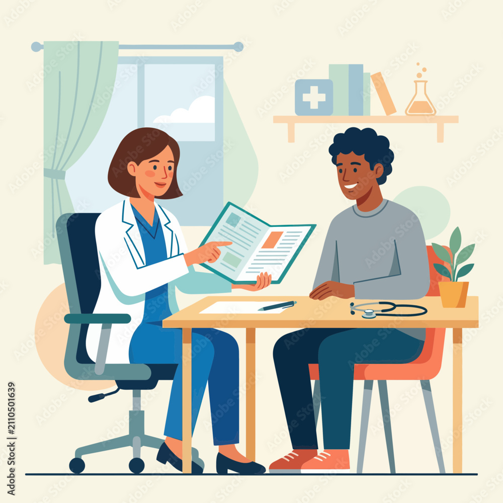 Fototapeta premium Doctor consults with patient, explaining medical information in a bright, modern clinic setting with healthcare symbols.