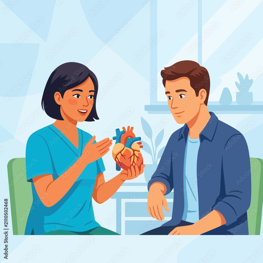 Fototapeta premium Doctor explaining heart anatomy to a patient, medical consultation, cardiology concept, vector illustration