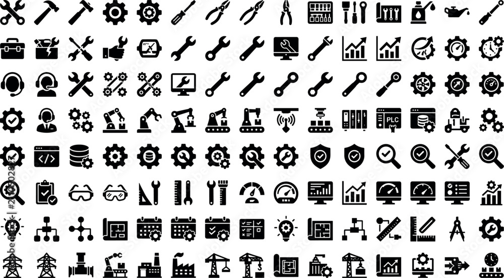 Obraz premium Industrial maintenance and engineering icon set featuring wrenches hammers gears robotic arms factory machinery blueprints and technical support tools