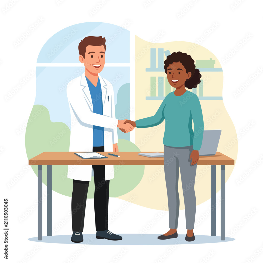 Fototapeta premium Doctor shaking hands with patient in clinic office, healthcare consultation, agreement and trust concept