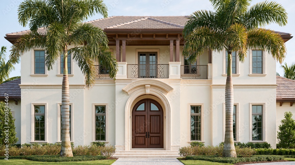 Fototapeta premium Elegant Mediterranean Luxury Villa with Palm Trees and Grand Entrance