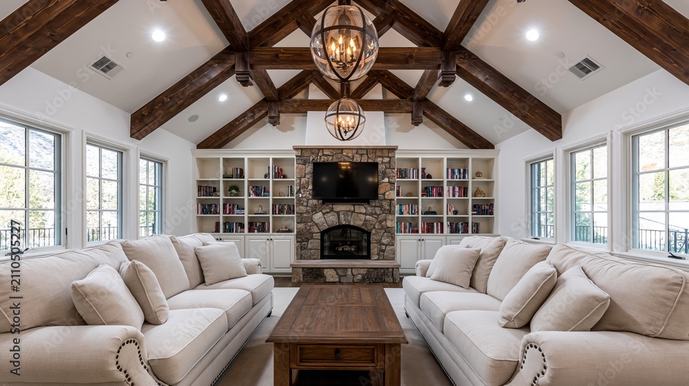 Obraz premium Spacious Rustic Living Room with Exposed Wood Beams, Stone Fireplace, and Built-in Bookshelves