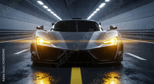 Modern sports car driving through a tunnel illuminated by headlights