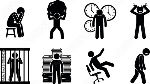 Fotografie Mental stress and burnout stick figure icon set featuring depression anxiety wor