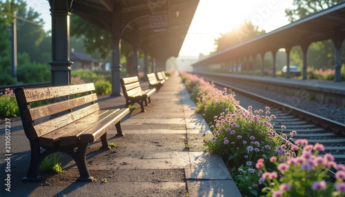 Golden hour at a quiet countryside train station platform