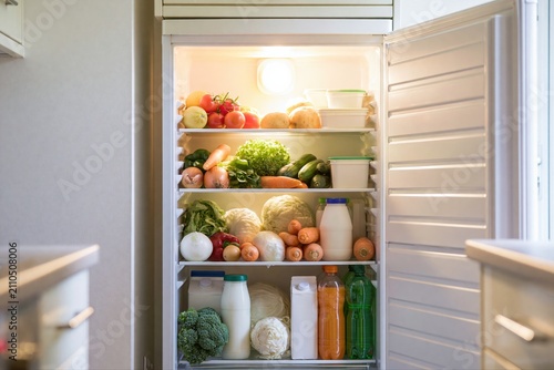 Open refrigerator stocked with fresh, healthy groceries and colorful produce, organized for optimal storage.