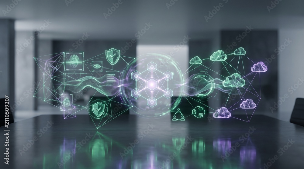 Fototapeta premium Digital cloud computing network interface. Futuristic data security and cyber tech hologram.