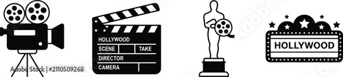 Foto Hollywood Cinema and Movie Production Icon Set Featuring Vintage Film Camera on