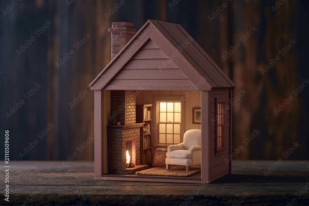 Obraz premium Cozy Miniature Dollhouse Interior with Glowing Fireplace and Armchair Evokes Warmth and Comfort