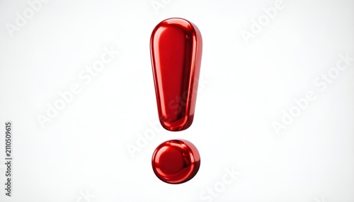 Glossy Red Exclamation Mark Symbol Isolated on White Background – Attention Alert Icon, Warning Notification Sign, Urgent Message Concept and Risk Awareness Visual