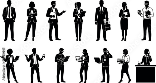 Professional business people silhouette vector collection featuring corporate managers standing, office workers with laptops, accountants, secretaries, and team executives.