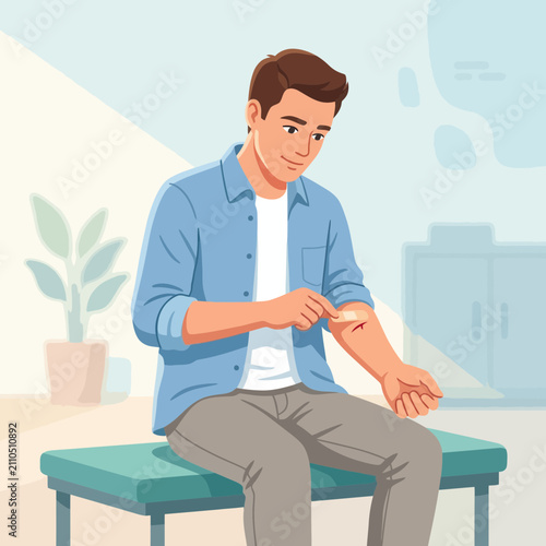 Man Applying Bandage to Cut on Arm, Self-Care, First Aid Concept, Vector Illustration