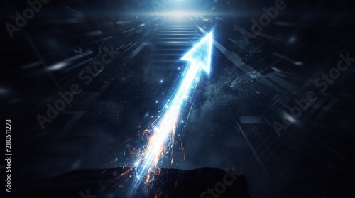 A glowing blue arrow points upwards towards a bright light at the end of a long staircase. This futuristic image evokes a sense of progress, ambition, and technological advancement