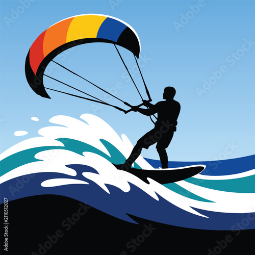 Foto Silhouette of a kite surfer riding on big blue ocean waves illustration Vector,