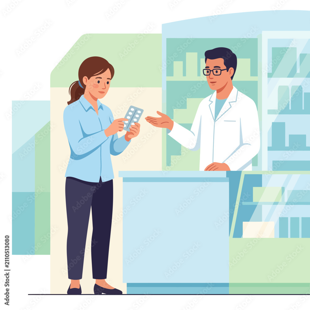Fototapeta premium Pharmacist Advising Customer on Medication Blister Pack at Pharmacy Counter