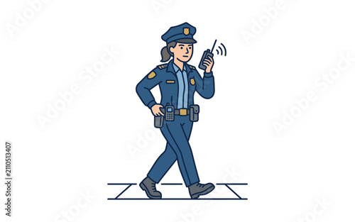 Female Police Officer Walking Vector Illustration