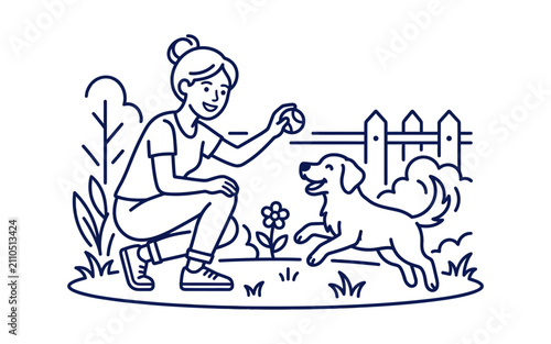 Woman Playing with Dog Vector Illustration