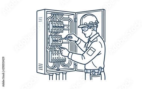 Electrician Working on Circuit Breaker Panel Vector Illustration