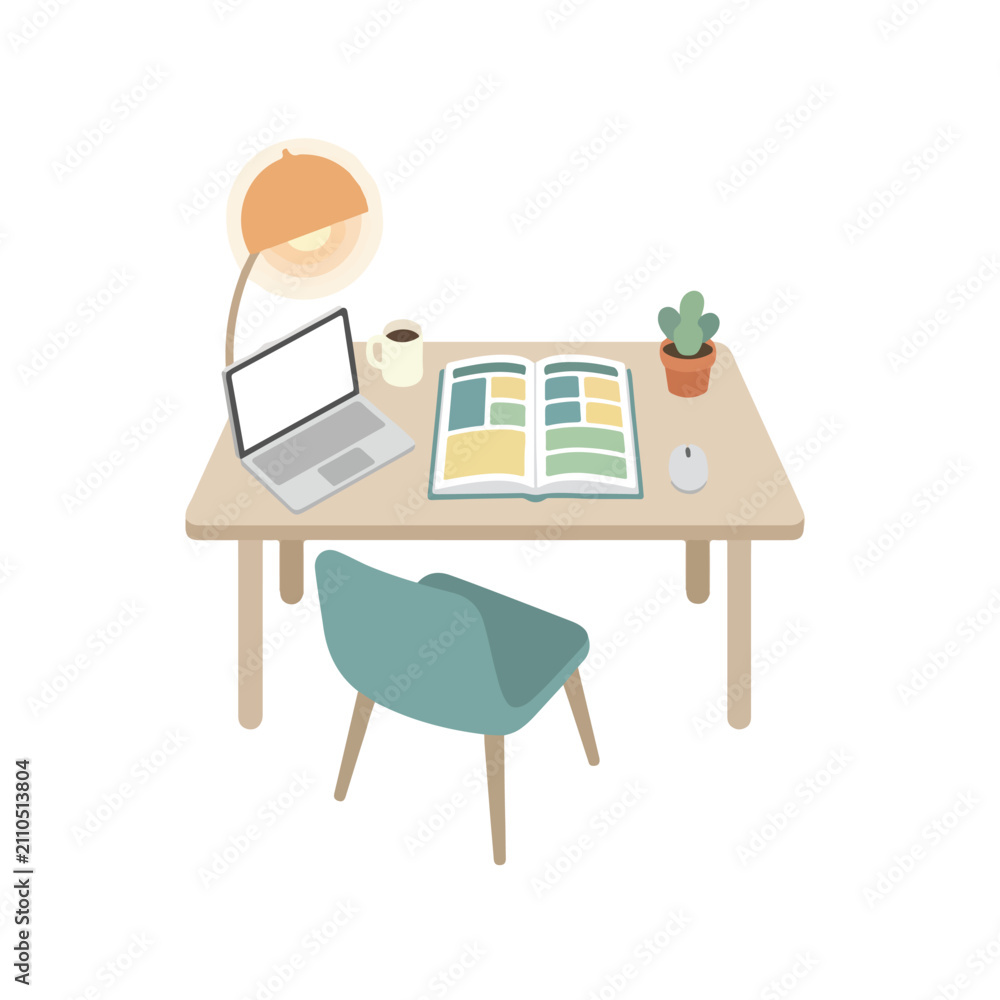 Fototapeta premium An organized workspace features a laptop, an open book, a lamp, and a potted plant on a wooden desk, accompanied by a stylish teal chair.