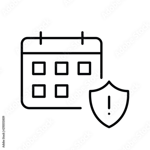 Task overdue, schedule alert, deadline warning. Calendar and shield with exclamation mark. Pixel perfect, editable stroke vector icon