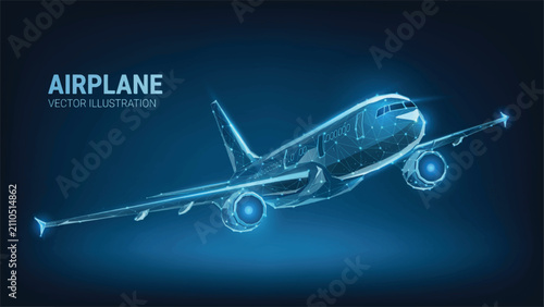 Glowing digital wireframe of airplane flying in sky