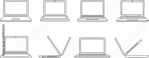Laptop computer portable notebook devices in front and side profile view outline icons vector set for tech design
