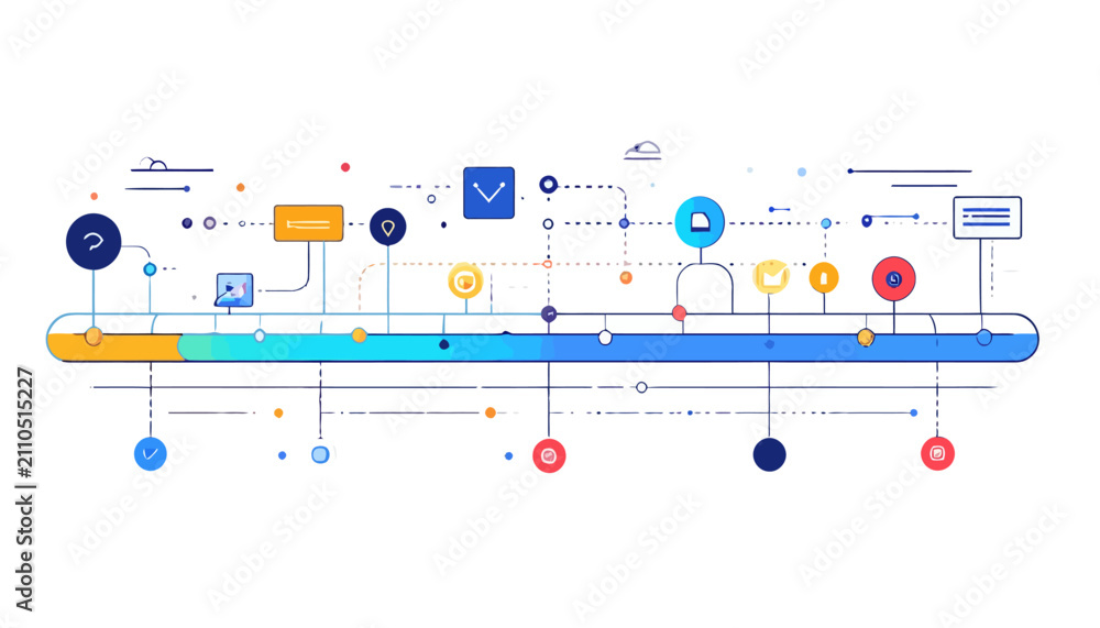 Fototapeta premium Clean horizontal project timeline with colorful data nodes.
