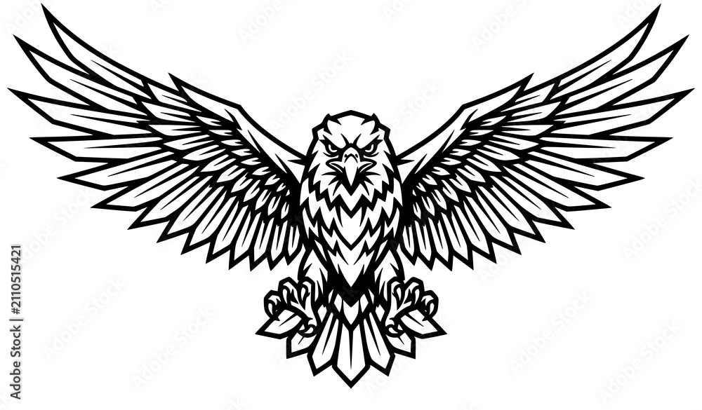 Fototapeta premium Front Facing Bald Eagle Wings Spread Monochrome Vector Emblem for Logo Design