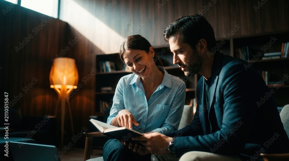 Fototapeta premium Professional business partners smiling and reading book together in wood-paneled library for corporate mentorship and collaboration