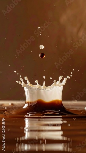 High-speed milk splash crown on dark coffee surface with droplets and reflections against a brown backdrop frozen in time