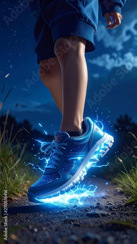 Futuristic Glowing Blue Sneakers with Electric Energy Sparks Stepping on a Night Path