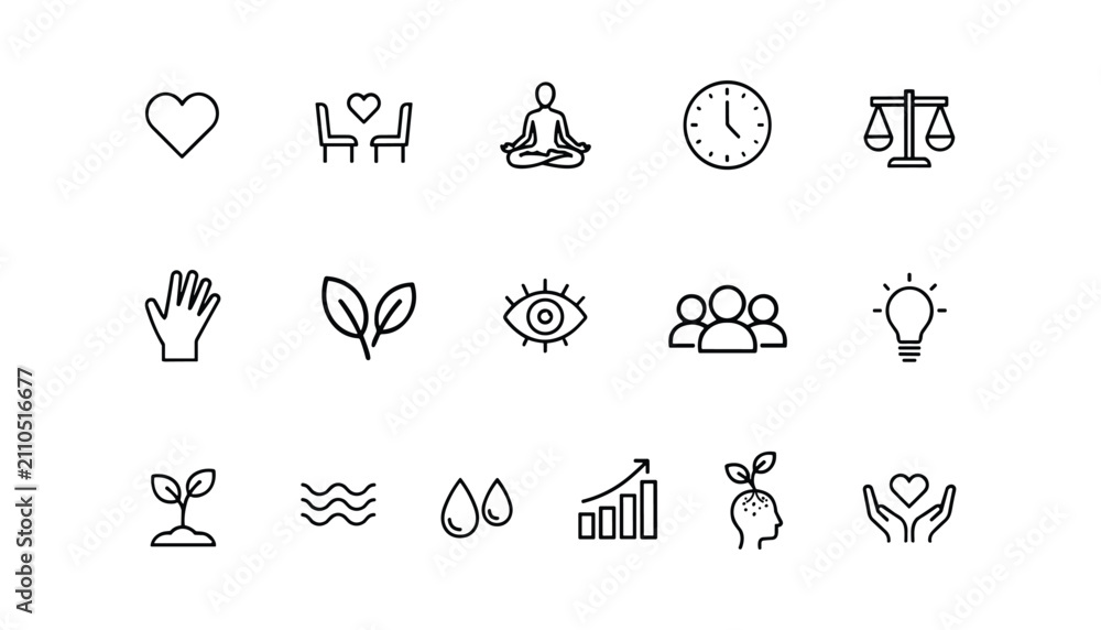 Fototapeta premium Collection of black outline representing concepts like love growth balance time community and ideas on white background
