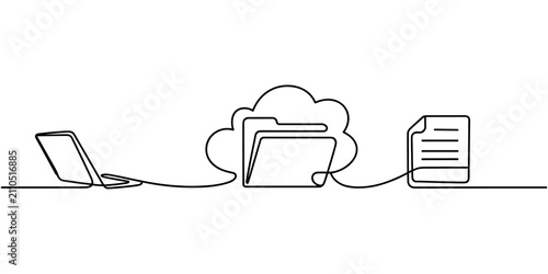 Cloud Folder Laptop And Document Storage Continuous One Line Drawing