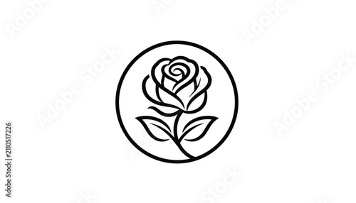 Elegant black line art of a single rose flower enclosed within a perfect circle, creating a minimalist botanical logo.