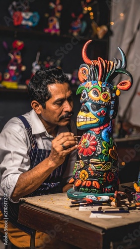 Authentic portrait of a skilled artisan meticulously hand-painting a vibrantly detailed, traditional folk art sculpture in his workshop, capturing the essence of cultural craftsmanship