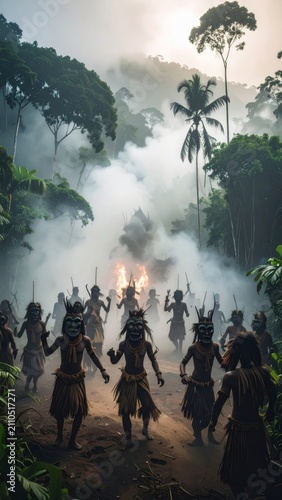 A captivating ancient tribal ritual unfolds deep within a lush, mystical jungle, as masked figures dance amidst swirling smoke and flickering fires, celebrating ancestral traditions