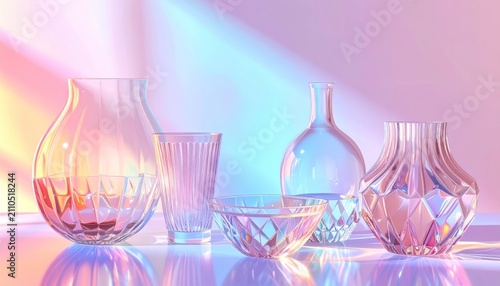 Iridescent Glassware Collection with Refracted Light and Pastel Hues