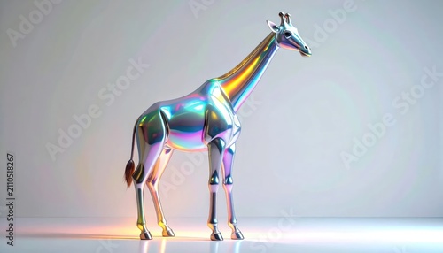 Iridescent chrome giraffe figurine standing on white surface.