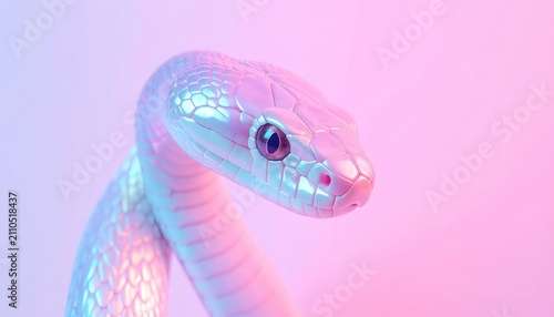 Iridescent white snake head against soft pink background.