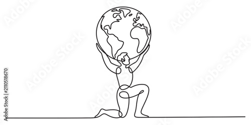 One continuous line drawing of a person kneeling and holding up the globe